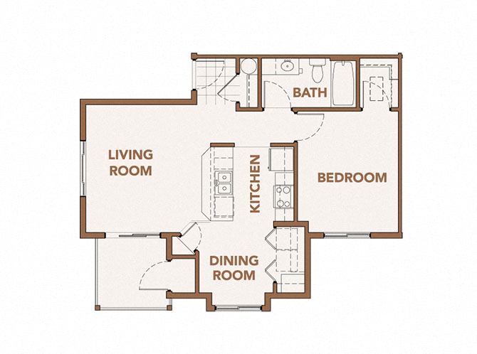 Floor plan for 1 bed, 1 bath, 694 sqft